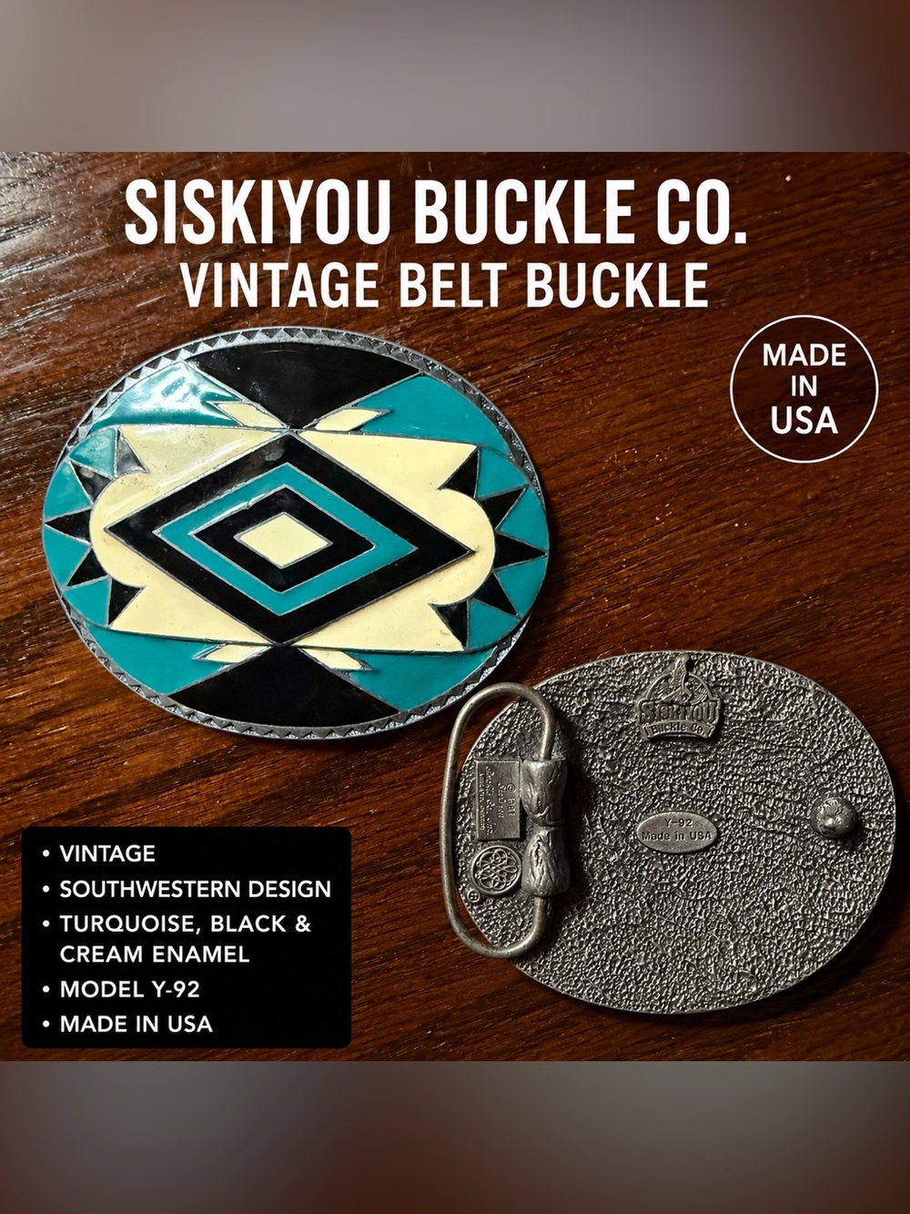 Vintage Siskiyou Southwestern Enamel Belt Buckle – Turquoise, Black & Cream USA